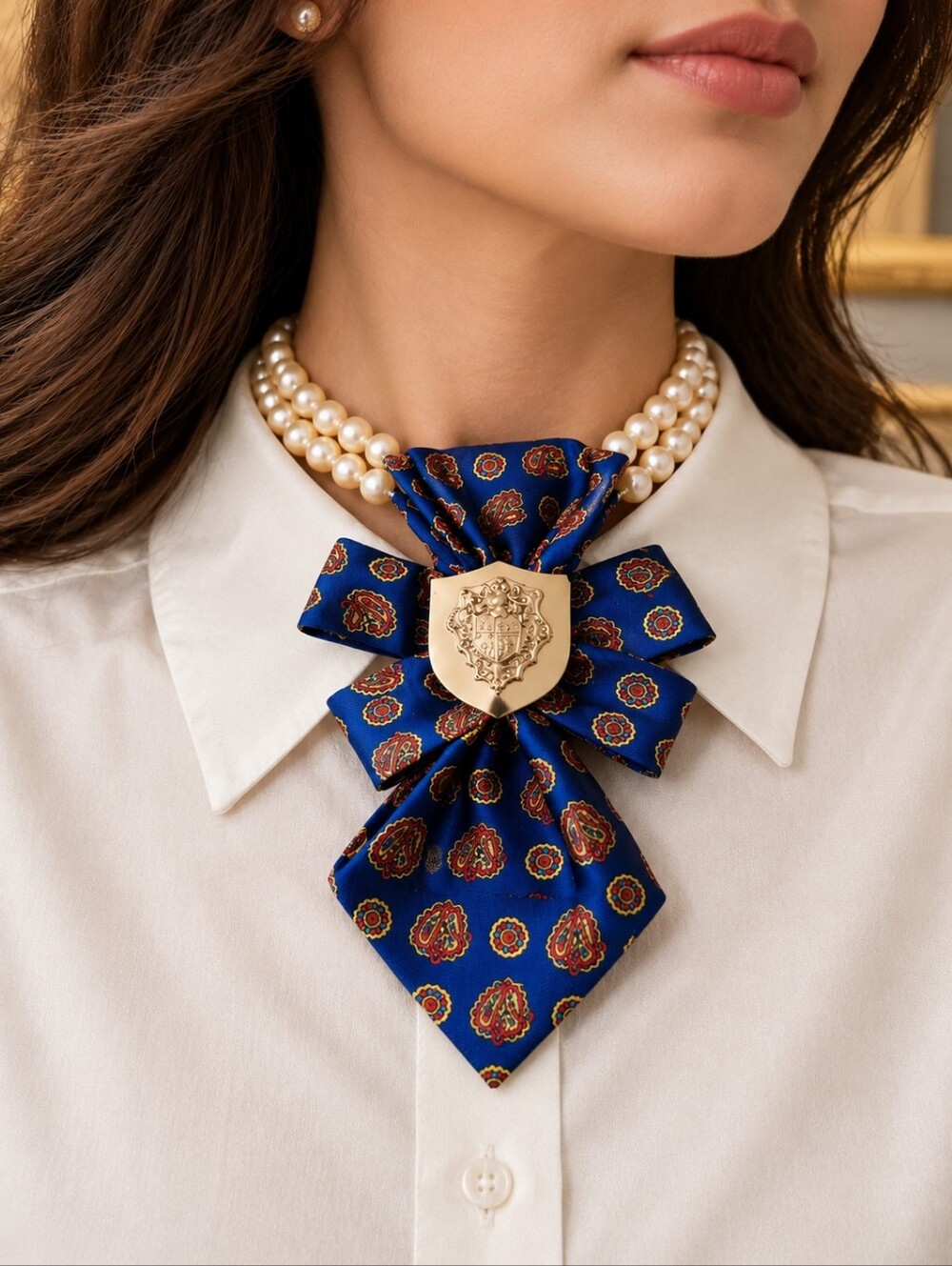 Rochas Vintage Silk Paisley Necklace in Blue & Gold With Crest Brooch